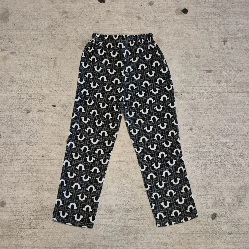 True Religion Black Fleece Pajama Pants Loungewear Men's Large Logo Print